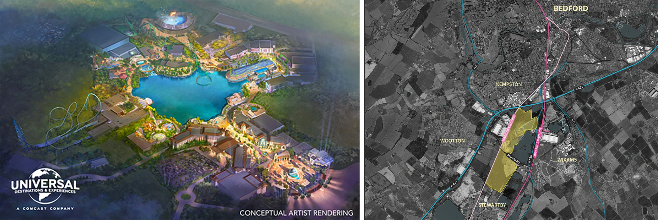 Conceptual artist rendering (left) and Site map (right)
