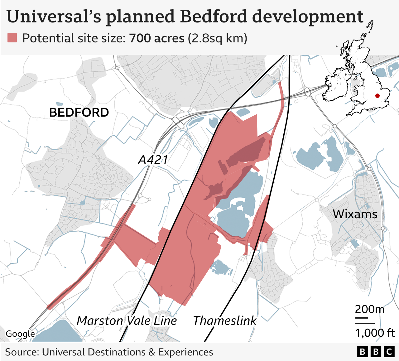 A graphic that shows the size of the Universal theme park using the colour red. Wixams can be seen to the right of the site. Above it is Bedford. The Marston Vale Line and Thameslink line are also highlighted